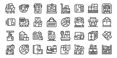 Uçak taşıma lojistik simgeleri ana hat vektörünü ayarladı. Teslimat dağıtımı. Tedarik zinciri