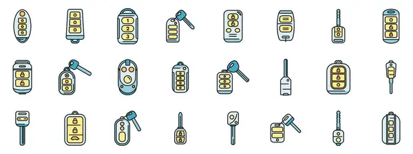stock vector Smart car key icons set outline vector. Driver mobile. Smart alarm thin line color flat on white