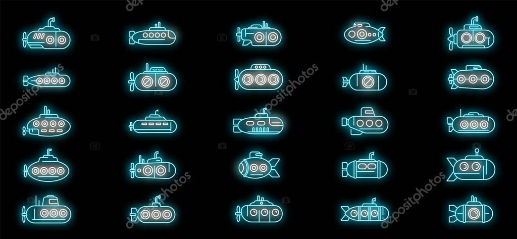 Submarine icons set outline vector. Periscope guard. Army deep dive neon color on black