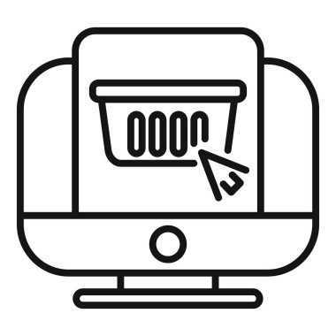 Çevrimiçi sepet ikon ana hatları vektörüne tıklayın. İnternetten indirimli. Ticari ürün.