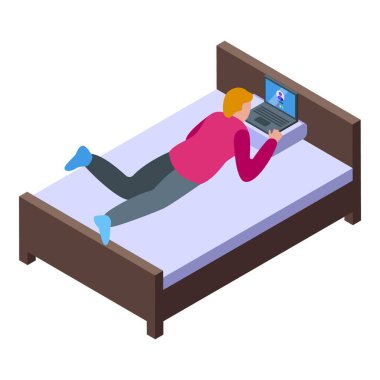 Yatak ikonu izometrik vektörü ile çevrimiçi video çağrısı. Evde çalışıyorum. Yaratıcı işçi