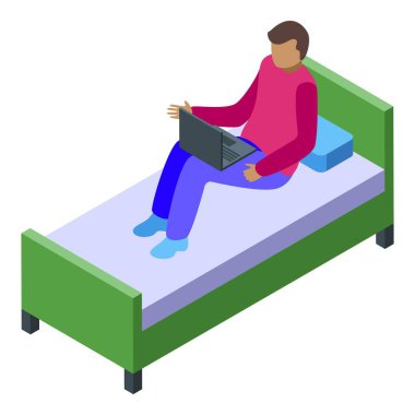 Yatak ikonu izometrik vektöründe çalışan serbest çalışan biri. Yaratıcı karakter. Uzak çevrimiçi