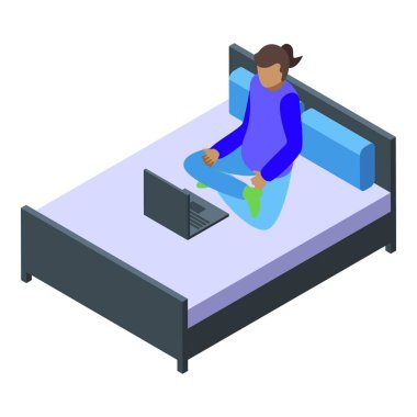 Yatak ikonu izometrik vektöründe rahat uzaktan çalışma. Laptop yaratıcı. Dinlenme tasarımcısı