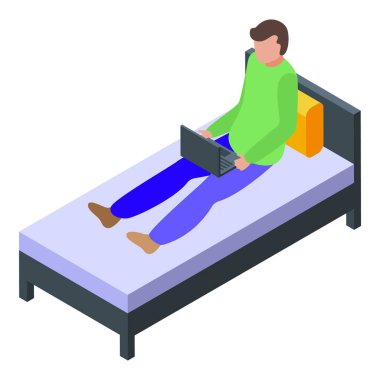 Yatak ikonu izometrik vektöründe çalışmak. Sosyal yaratıcı. Rahatla yatak odası