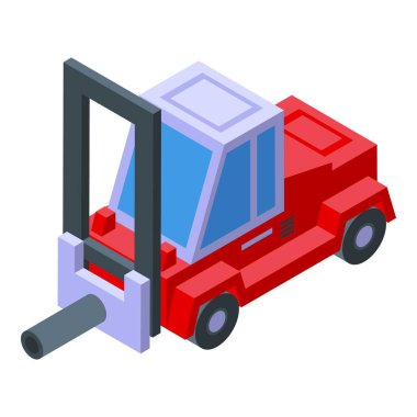 Çelik bitki forklift ikon izometrik vektörü. Yeni ürün kaldırılıyor. Kırmızı renk aracı