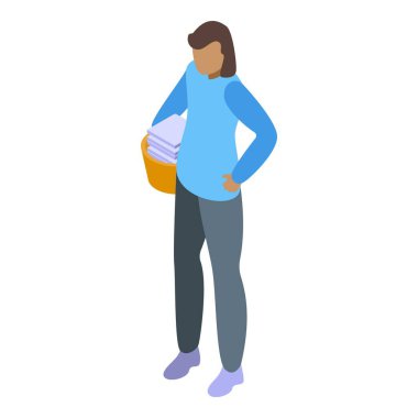 Çamaşır kovası izometrik vektörü olan bir kadın. Yıkama günü. Mutlu kadın.