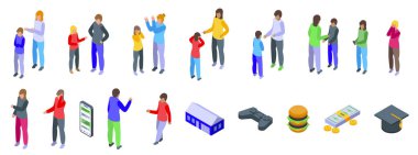 Ebeveynler ergenlik çağında çatışma simgeleri izometrik vektör belirler. Stres sorunu. Şiddet haykırıyor