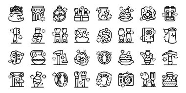 Kazı araçları simgeleri dış hat vektörünü ayarlar. Envanter tarihi. Antika hazineler.