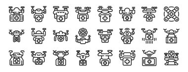 Drone tıbbi simgeleri ana vektörü ayarlayın. Teslimat bakımı. Sağlık ilk yardım çantası