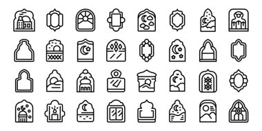 Şekil İslami pencere simgeleri dış hat vektörünü ayarlar. İslam çerçevesi. Ramazan ögesi