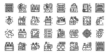 Şarap mahzeni iç simgeleri dış hat vektörünü ayarlıyor. Tahta fıçı. Raflar rafı