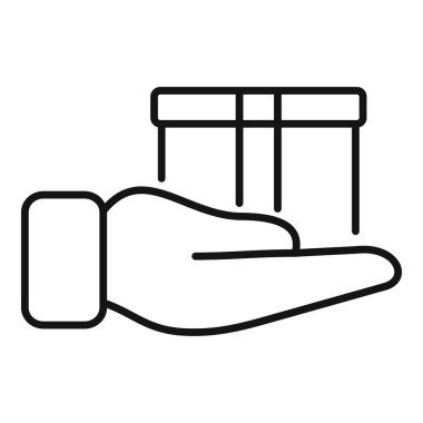 Hediye kutusu el simgesi ana hatları vektöründe. Kurdeleli paket. Dekoratif hediye