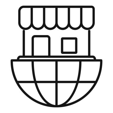 Küresel pazar yer belirleme simgesi ana hatları vektörü. Yol dükkânı. Konumu işaretle