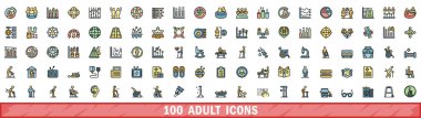 100 adult icons set. Color line set of adult vector icons thin line color flat on white clipart