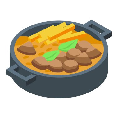 Lezzetli bir vejetaryen yahnisinin renkli bir çizimi. İçinde siyah dökme demir bir tencerede malzemeler var.