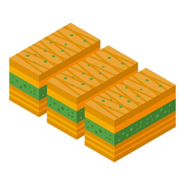 Katmanlı ve şam fıstıklı geleneksel baklavanın canlı izometrik vektör tasarımı