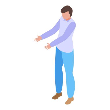 Isometric businessman gesturing with open arms in a welcoming pose, representing professional business presentation and corporate engagement clipart