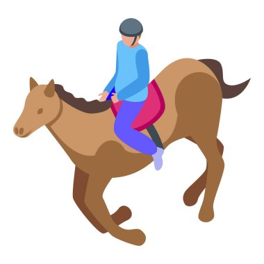 Isometric illustration of a person riding a horse, ideal for equinethemed designs clipart