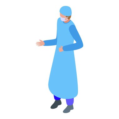 Mavi önlük ve koruyucu maske takan bir sağlık çalışanının Isometric vektör çizimi