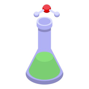 Üzerinde molekül yapısı olan yeşil bir kimyasal çözelti içeren bir laboratuvar şişesinin 3 boyutlu izometrik çizimi