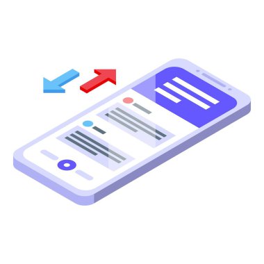 Bilgi değiş tokuşu okları gösteren, dosya transferini veya iletişimi sembolize eden bir akıllı telefonun Isometric illüstrasyonu