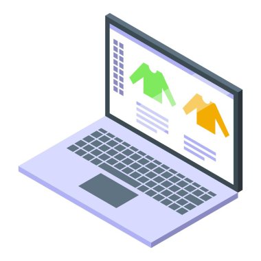 Isometric illüstrasyon, giysi gösteren çevrimiçi depolama arayüzü olan bir dizüstü bilgisayar gösteriyor