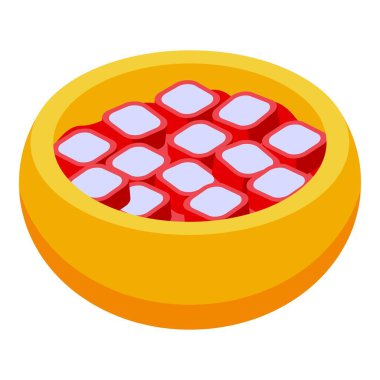 Yuvarlak bir tabakta deniz ürünleri ve pirinçle birlikte suşi rulosunun canlı izometrik vektörü.