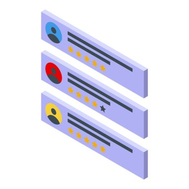 Yıldız reytingleri ve profil simgeleriyle kullanıcı değerlendirmelerinin üç yönlü izometrik tasarımı