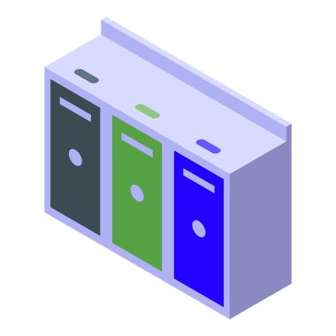 Ofis deposu için üç çekmecesi olan bir dosya dolabının renkli izometrik çizimi