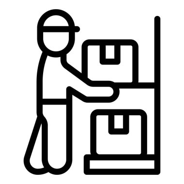 Lojistik ve nakliye hizmetleri için bir dağıtım işçisi simgesinin minimalist vektör çizgisi sanatı, paket taşıyan bir kişinin basit siyah beyaz silüetini tasvir ediyor