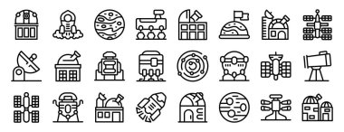 Mars gözlemevi vektör ikonu. Roket, bina ve teleskop gibi uzay temalı simgelerden oluşan bir koleksiyon. Simgelerin hepsi siyah beyaz ve bir ızgarada sıralanmış.