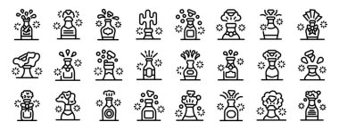 Şampanya patlama vektör ikonu. Çeşitli şişe ve vazolardan oluşan siyah beyaz ikonlar koleksiyonu. Simgeler, her bir ikonun farklı bir şişe ya da vazo türünü temsil ettiği bir ızgaraya dizilmiştir.