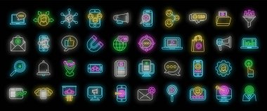 Sosyal medya pazarlama simgeleri ana hatları belirledi. Dijital cep telefonu. Siyah üzerine neon renkli servis smm