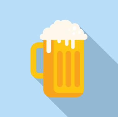 Dolu, köpüklü bir bira bardağının grafiği, köpüklü, koyu mavi bir arka planda hafif bir gölgeyle.