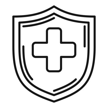 Sağlık koruma kalkanı ikonu, sağlık sigortası ve sağlık sigortası için vektör sağlık güvenlik tasarımı ana hatlarıyla tıbbi haç ve güvenlik sembolüne sahiptir.