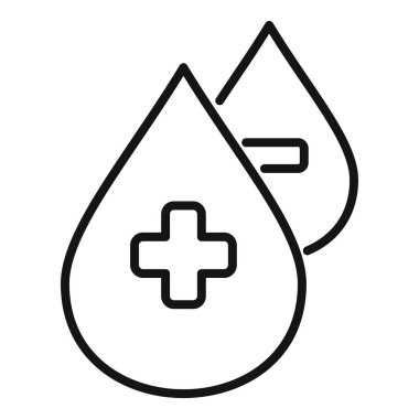 İki kan damlasını gösteren basit bir çizgi sanat ikonu, birinde pozitif sağlık işareti var.