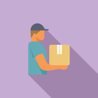 Üniformalı bir karton kutu taşıyan teslimatçı, basit bir mor arka plana karşı online alışveriş ve hızlı posta teslimatı için lojistik ve ulaşım kavramını temsil ediyor.