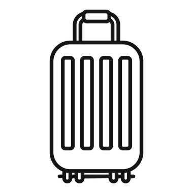 Turizm ve seyahat vektör tasarımı için siyah çizgili bavul ikonu. Basit grafiksel izole edilmiş minimalist stil. Tekerlekleri var ve kolayca taşınıp paketlenebiliyor.