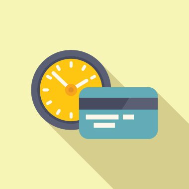 Zaman ve para yönetimini temsil eden bir saat ve kredi kartı içeren düz tasarım simgesi