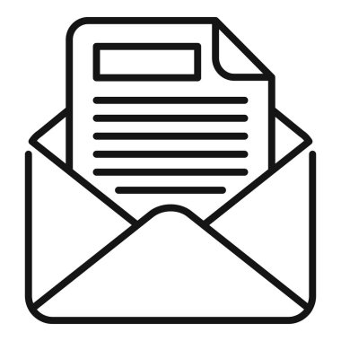 Posta veya ileti kavramını temsil eden bir belge içeren açık bir zarfın siyah ve beyaz çizgi simgesi