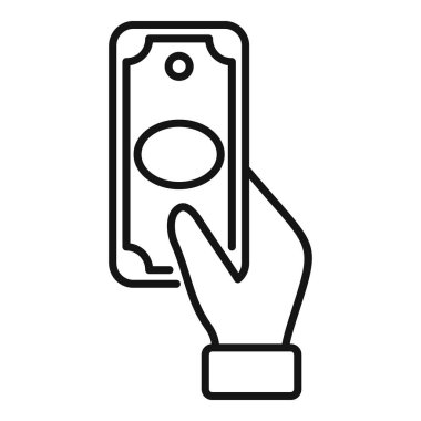 Ödeme, alım-satım, finans, para birimi ve bankacılık konsepti için siyah beyaz ana hatlı minimalist ve basit grafik tasarımı için nakit ikonu tutan bir elin vektör çizimi