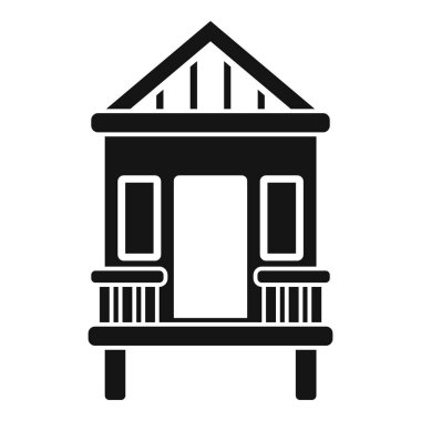 Pencereleri ve sundurması olan geleneksel bir sahil kulübesinin siyah siluet vektörü grafiği