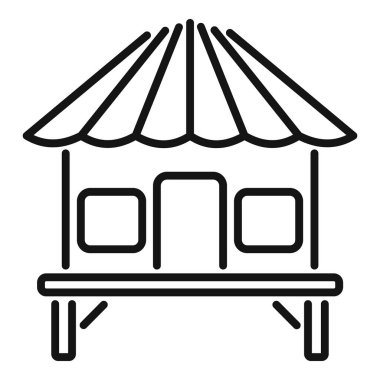 Çizgili tenteli basit bir pazar tezgahının siyah çizgi vektör çizimi