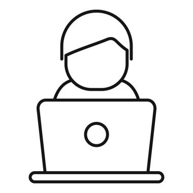 Uzaktan çalışma ya da çevrimiçi eğitim tasvir eden dizüstü bilgisayarı olan bir kişinin siyah çizgi simgesi