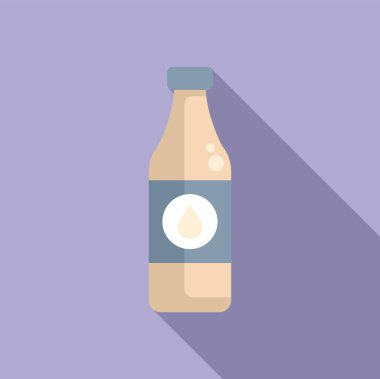 Mor arka planda modern düz tasarım tarzında etiketli bir içki şişesinin minimalist çizimi