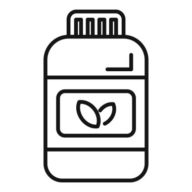 Minimalist black and white line art icon of a vitamin bottle with leaf symbol for organic health supplements and holistic wellness clipart