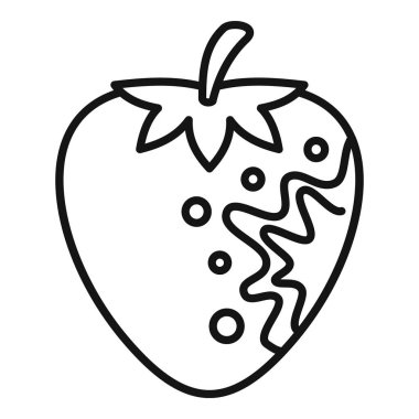 Çikolataya kısmen batırılmış siyah beyaz bir çilek çizimi.