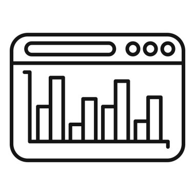 Bir web tarayıcısını bar grafiği ile tasvir eden basit satır simgesi, web sitesi analizlerini veya seo performansını sembolize eder
