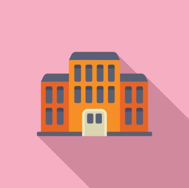Pembe arkaplan üzerinde çağdaş düz tasarım tarzında biçimlendirilmiş bir binanın vektör grafiği