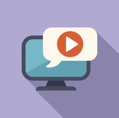 Konuşma balonunda video oynatma simgesi olan bir bilgisayar monitörünün düz tasarım çizimi